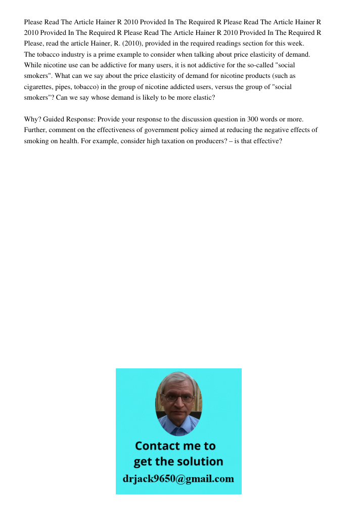 Please Read The Article Hainer R 2010 Provided In The Required R Please, read the article Hainer, R. (2010), provided in the required readings section for this 