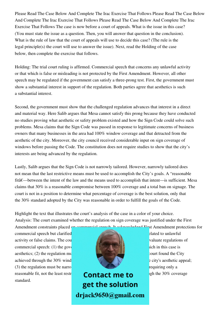 Please Read The Case Below And Complete The Irac Exercise That Follows The case is now before a court of appeals. What is the issue in this case? (You must stat