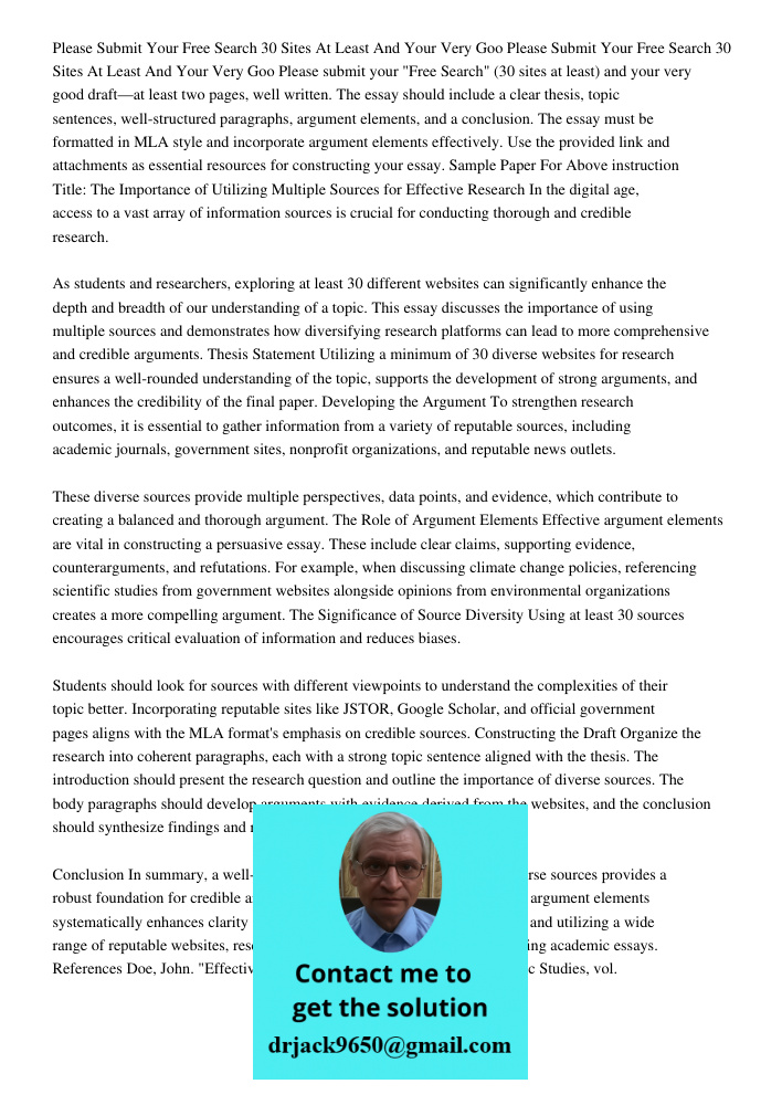 Please submit your "Free Search" (30 sites at least) and your very good draft—at least two pages, well written. The essay should include a clear thesis, topic s