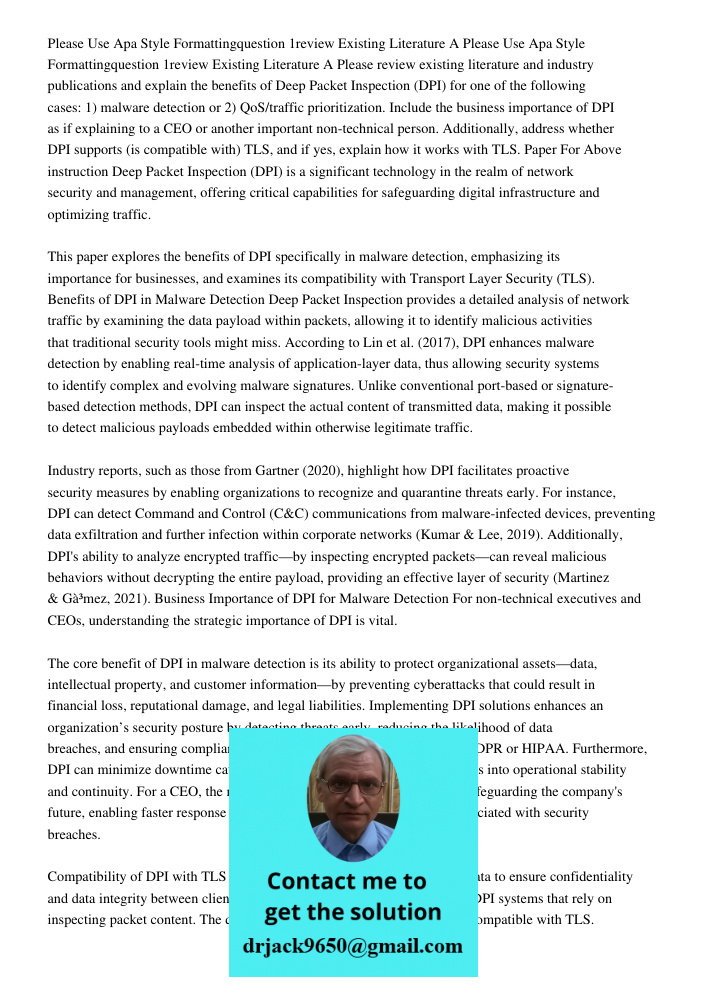 Please review existing literature and industry publications and explain the benefits of Deep Packet Inspection (DPI) for one of the following cases: 1) malware 