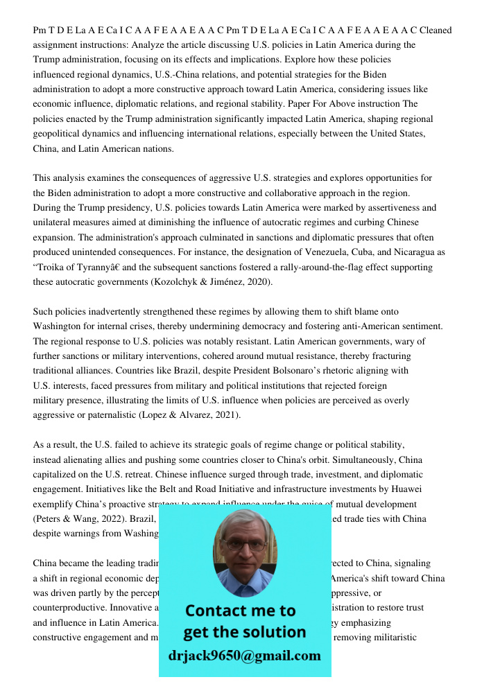 Cleaned assignment instructions: Analyze the article discussing U.S. policies in Latin America during the Trump administration, focusing on its effects and impl