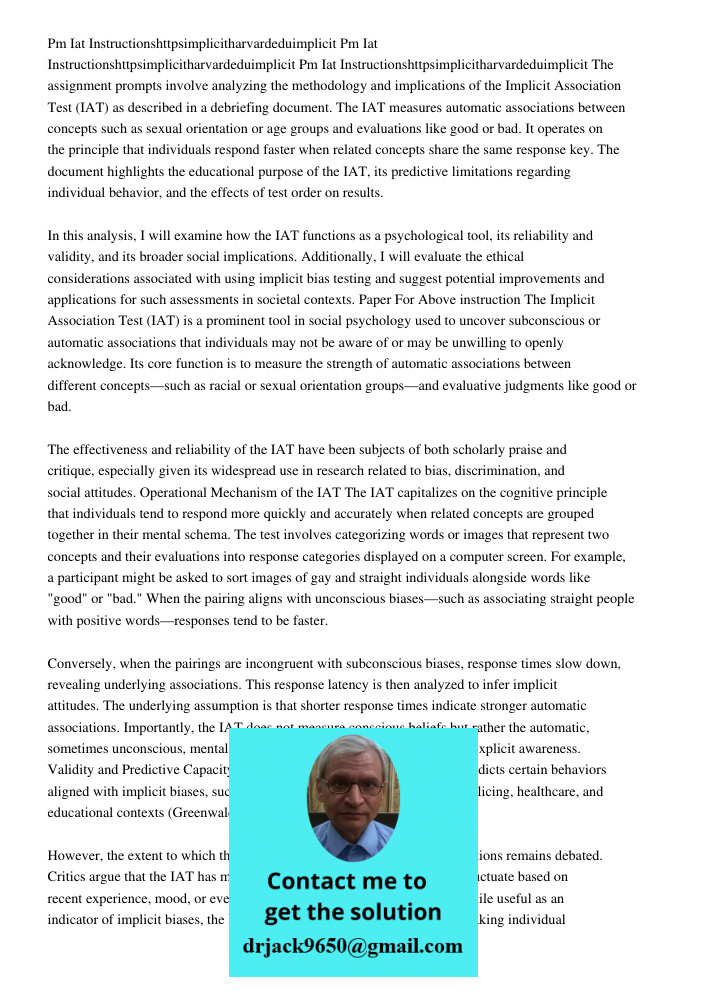 Pm Iat Instructionshttpsimplicitharvardeduimplicit The assignment prompts involve analyzing the methodology and implications of the Implicit Association Test (I