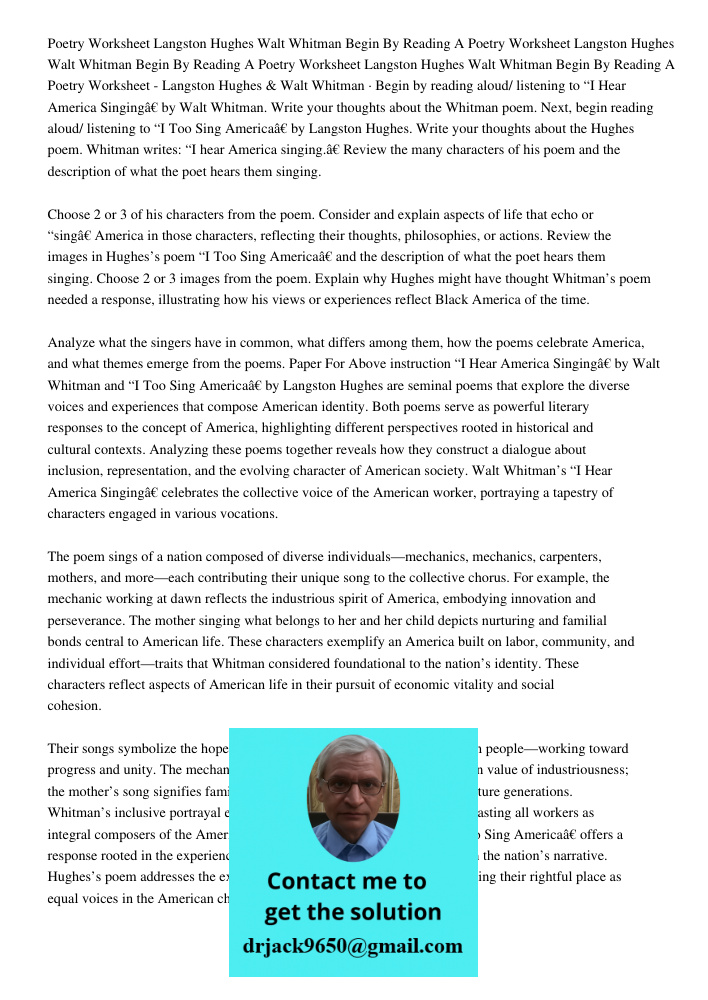 Poetry Worksheet Langston Hughes Walt Whitman Begin By Reading A Poetry Worksheet - Langston Hughes & Walt Whitman · Begin by reading aloud/ listening to “I Hea