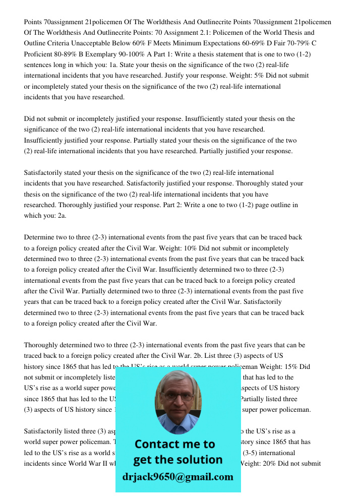 Points: 70 Assignment 2.1: Policemen of the World Thesis and Outline Criteria Unacceptable Below 60% F Meets Minimum Expectations 60-69% D Fair 70-79% C Profici
