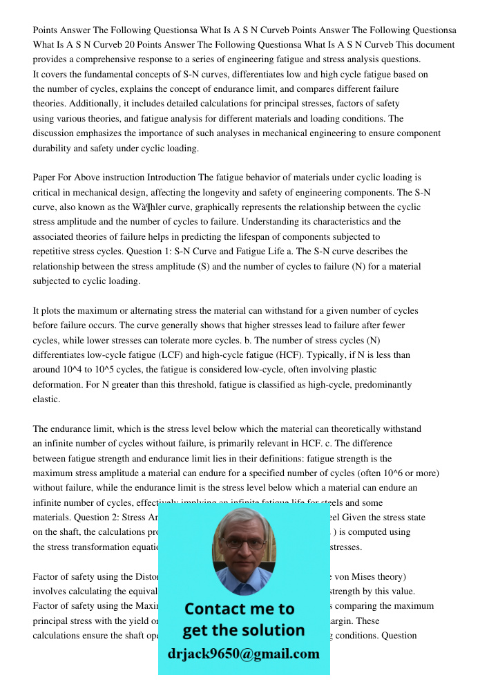 Points Answer The Following Questionsa What Is A S N Curveb This document provides a comprehensive response to a series of engineering fatigue and stress analys
