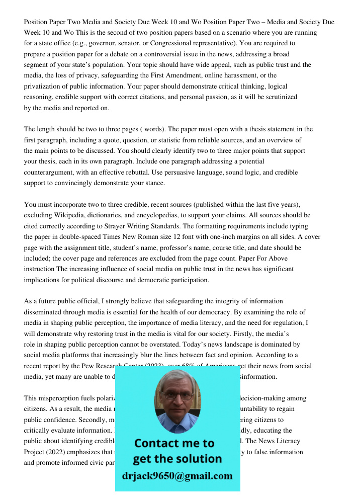 This is the second of two position papers based on a scenario where you are running for a state office (e.g., governor, senator, or Congressional representative