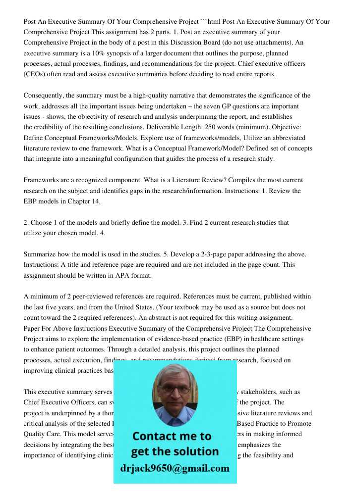 Post An Executive Summary Of Your Comprehensive Project