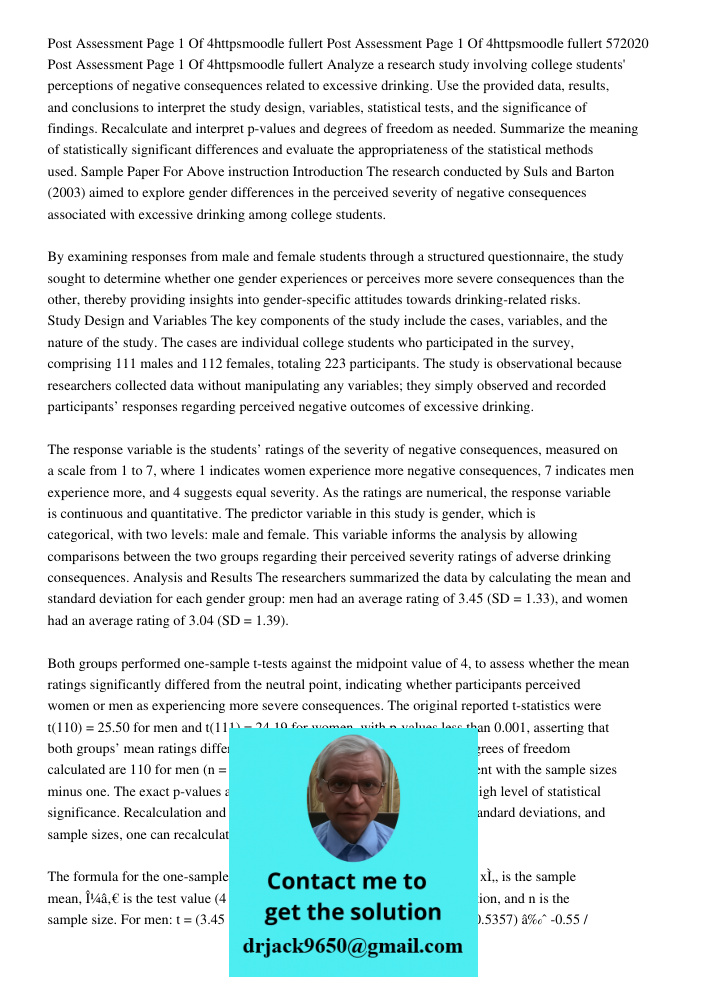 Post Assessment Page 1 Of 4httpsmoodle 2019 2020fullert Analyze a research study involving college students' perceptions of negative consequences related to exc