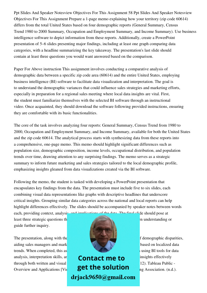 Prepare a 1-page memo explaining how your territory (zip code 60614) differs from the total United States based on four demographic reports (General Summary, Ce