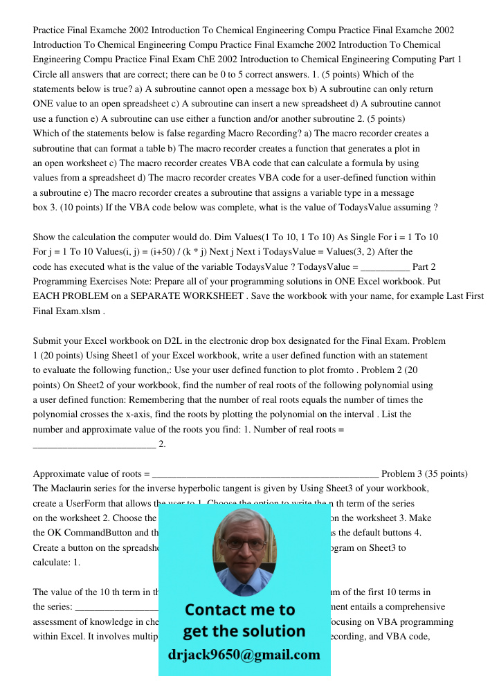 Practice Final Examche 2002 Introduction To Chemical Engineering Compu Practice Final Exam ChE 2002 Introduction to Chemical Engineering Computing Part 1 Circle