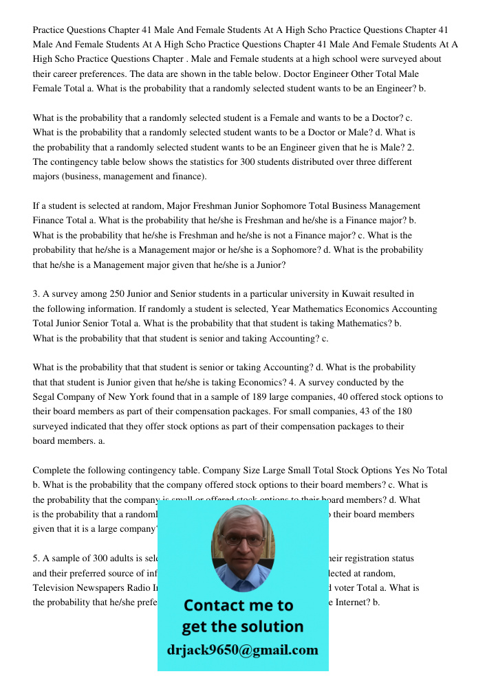Practice Questions Chapter 41 Male And Female Students At A High Scho Practice Questions Chapter . Male and Female students at a high school were surveyed about