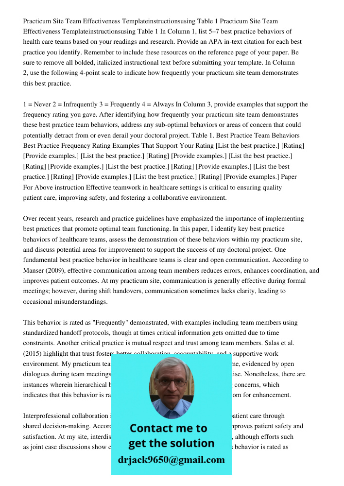 In Column 1, list 5–7 best practice behaviors of health care teams based on your readings and research. Provide an APA in-text citation for each best practice y