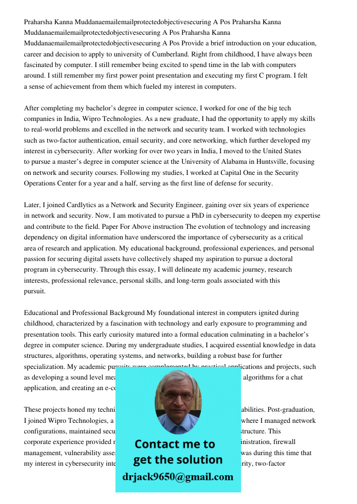 Praharsha Kanna Muddanaemailemailprotectedobjectivesecuring A Pos Provide a brief introduction on your education, career and decision to apply to university of 