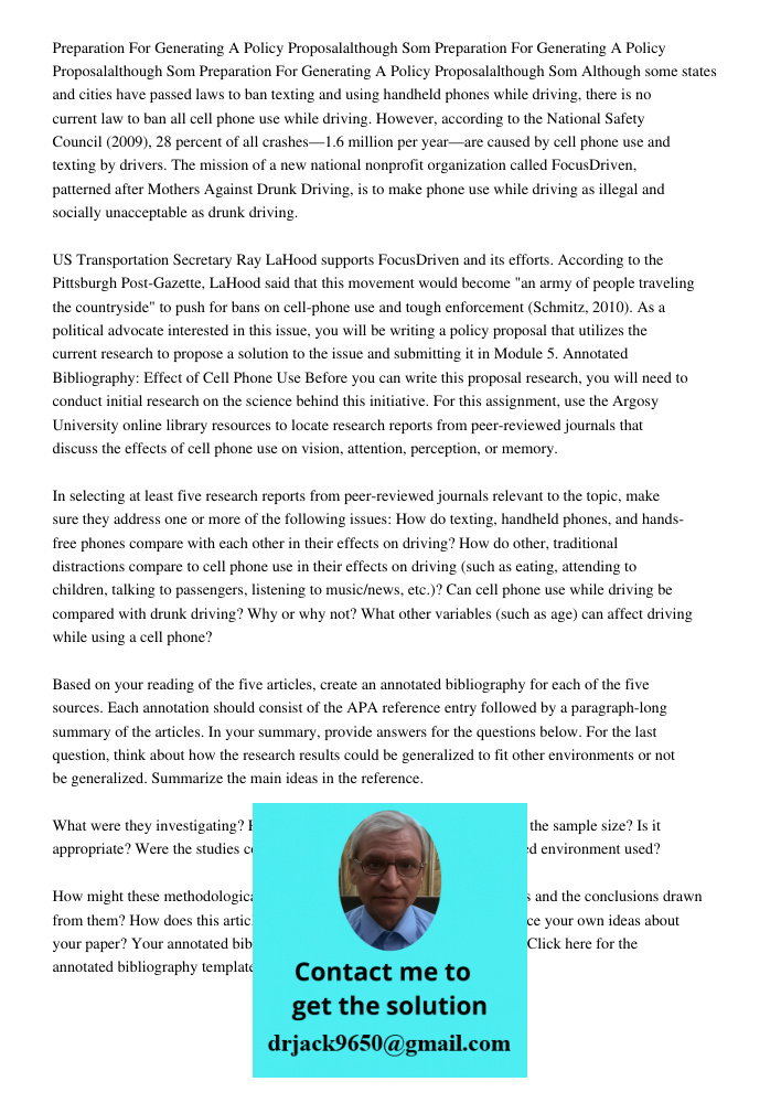 Preparation For Generating A Policy Proposalalthough Som Although some states and cities have passed laws to ban texting and using handheld phones while driving