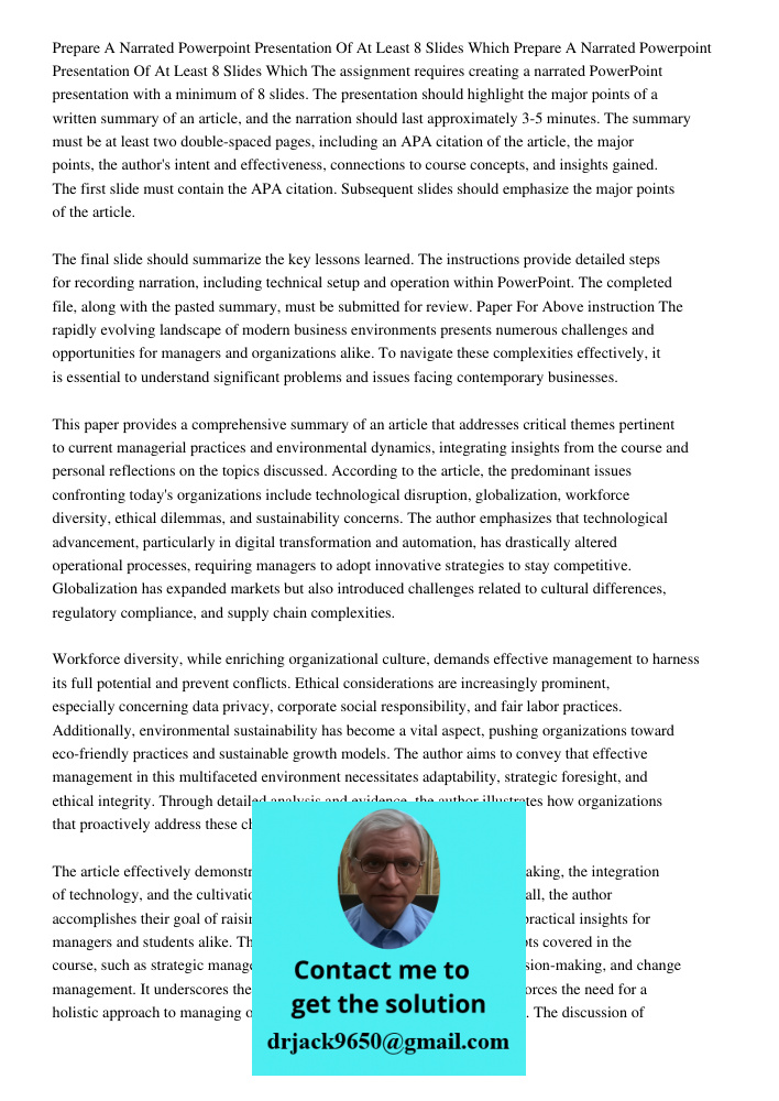 The assignment requires creating a narrated PowerPoint presentation with a minimum of 8 slides. The presentation should highlight the major points of a written 