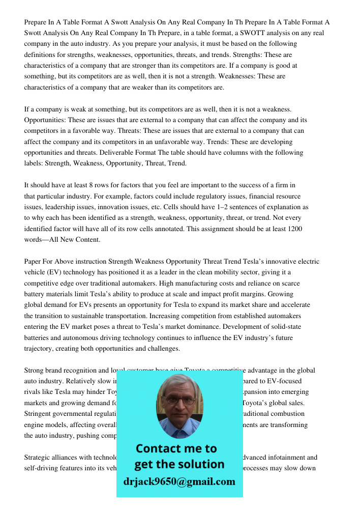 Prepare, in a table format, a SWOTT analysis on any real company in the auto industry. As you prepare your analysis, it must be based on the following definitio