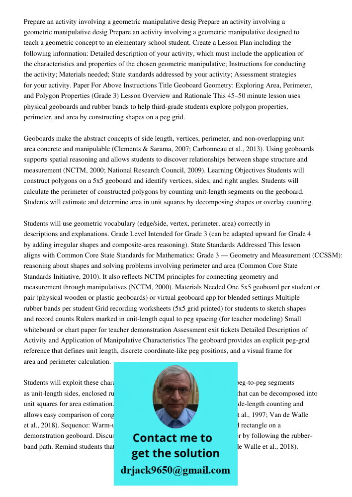 Prepare an activity involving a geometric manipulative designed to teach a geometric concept to an elementary school student. Create a Lesson Plan including the