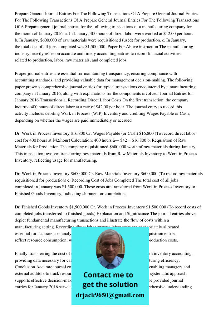 Prepare General Journal Entries For The Following Transactions Of A Prepare general journal entries for the following transactions of a manufacturing company fo