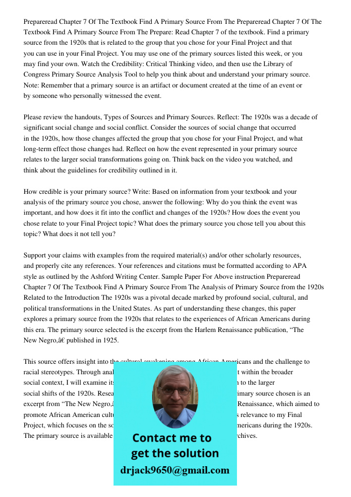 Prepare: Read Chapter 7 of the textbook. Find a primary source from the 1920s that is related to the group that you chose for your Final Project and that you ca