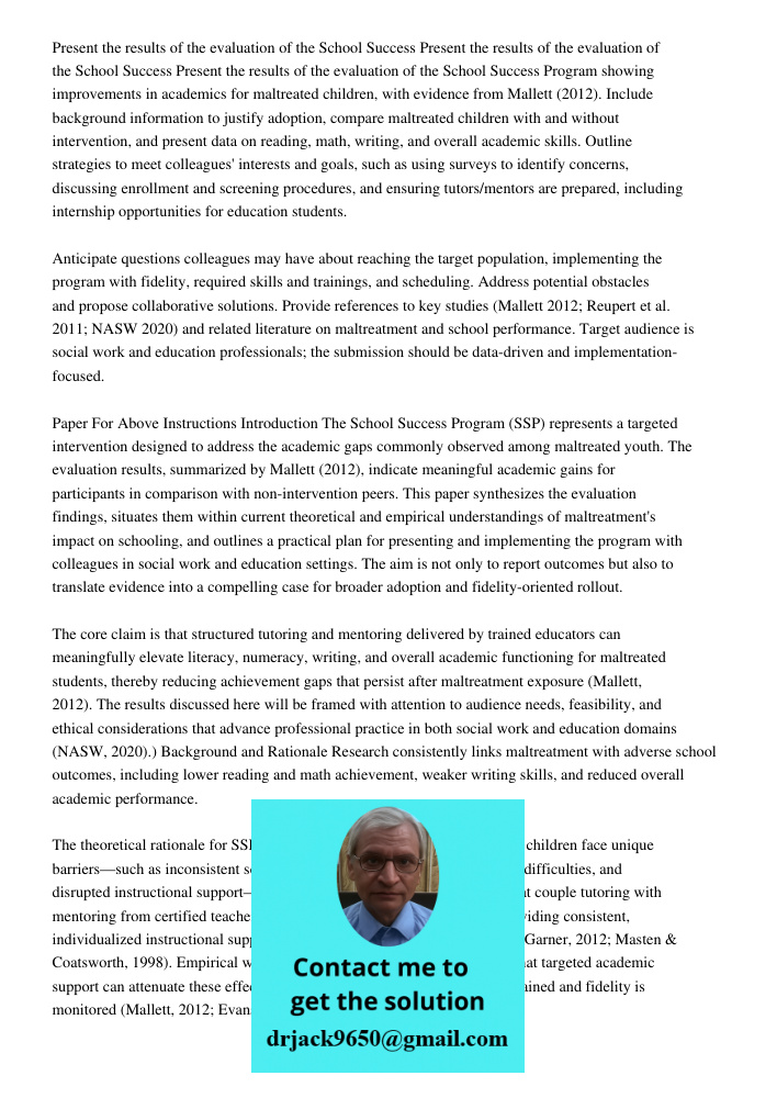 Present the results of the evaluation of the School Success Program showing improvements in academics for maltreated children, with evidence from Mallett (2012)