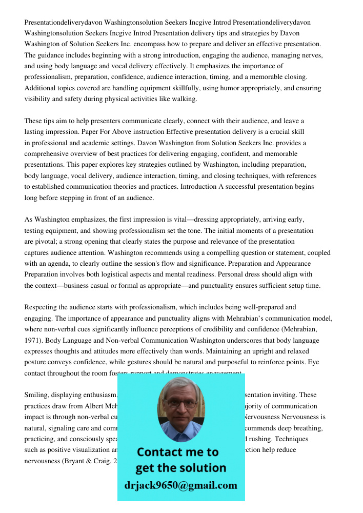 Presentation delivery tips and strategies by Davon Washington of Solution Seekers Inc. encompass how to prepare and deliver an effective presentation. The guida