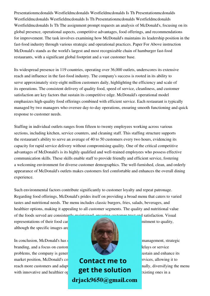 Presentationmcdonalds Westfieldmcdonalds Westfieldmcdonalds Is Th The assignment prompt requests an analysis of McDonald's, focusing on its global presence, ope