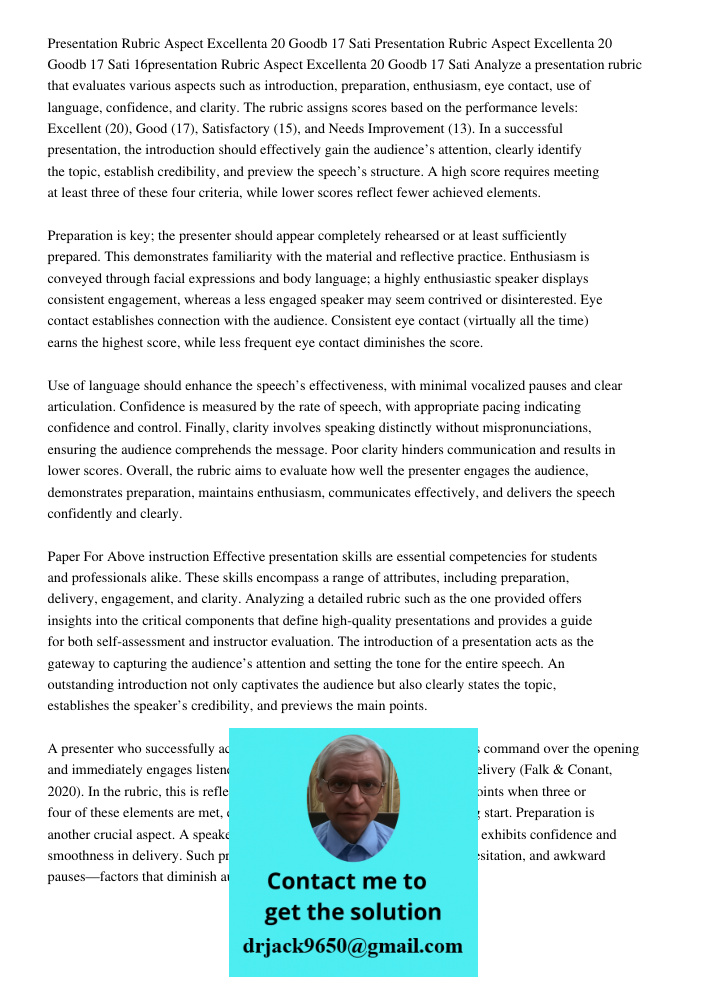 Presentation Rubric Aspect Excellenta 20 Goodb 17 Sati Analyze a presentation rubric that evaluates various aspects such as introduction, preparation, enthusias