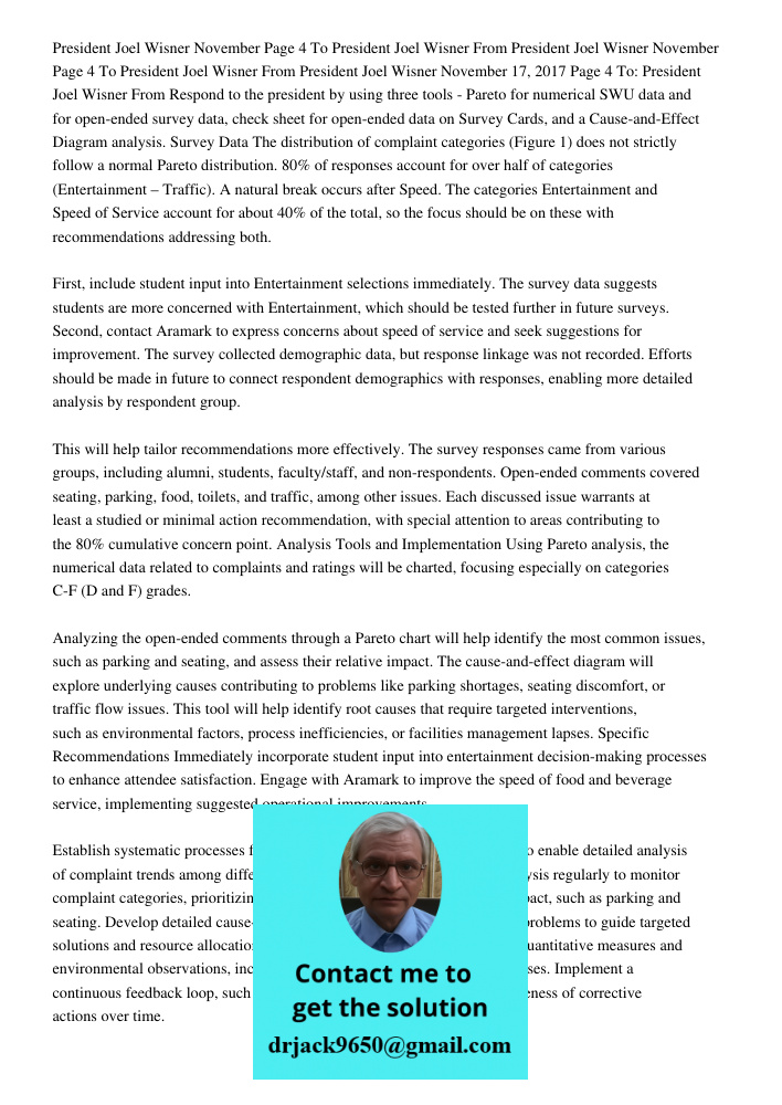 President Joel Wisner November 17 2017 Page 4 To President Joel Wisner From Respond to the president by using three tools - Pareto for numerical SWU data and fo