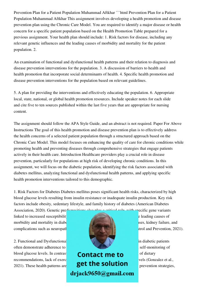 Prevention Plan For A Patient Population Muhammad Aftkhar