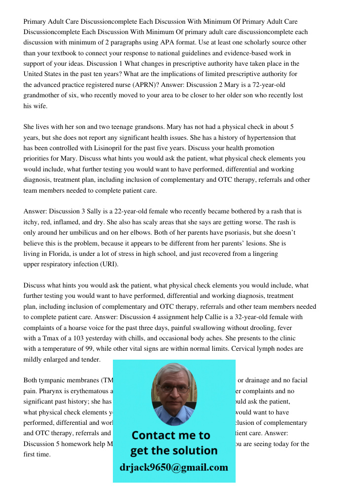 primary adult care discussioncomplete each discussion with minimum of 2 paragraphs using APA format. Use at least one scholarly source other than your textbook 