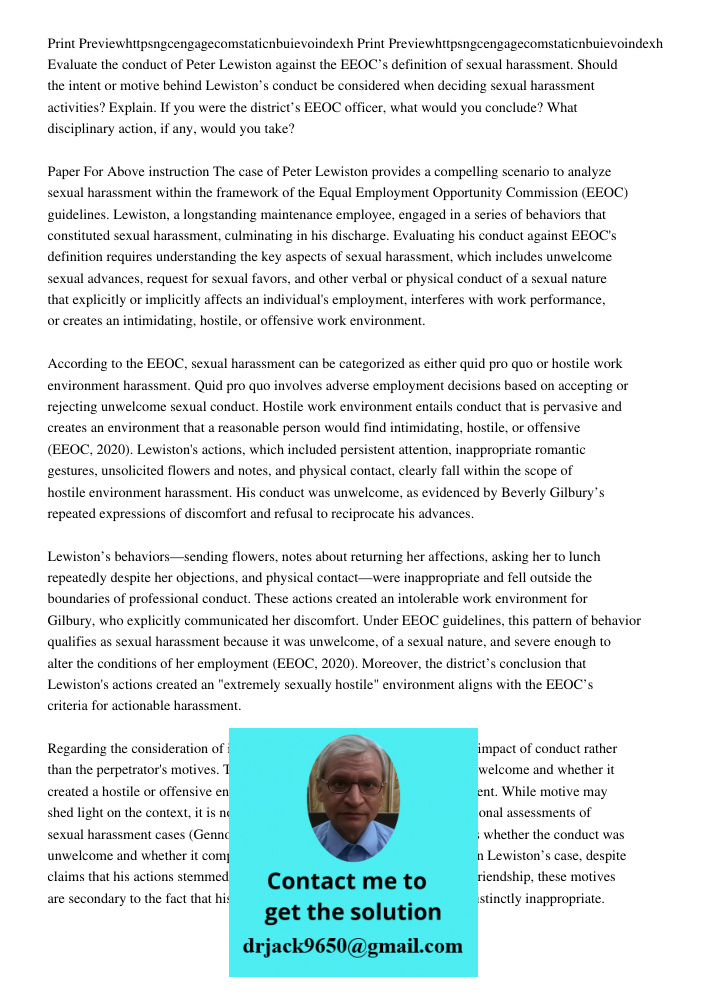 Evaluate the conduct of Peter Lewiston against the EEOC’s definition of sexual harassment. Should the intent or motive behind Lewiston’s conduct be considered w