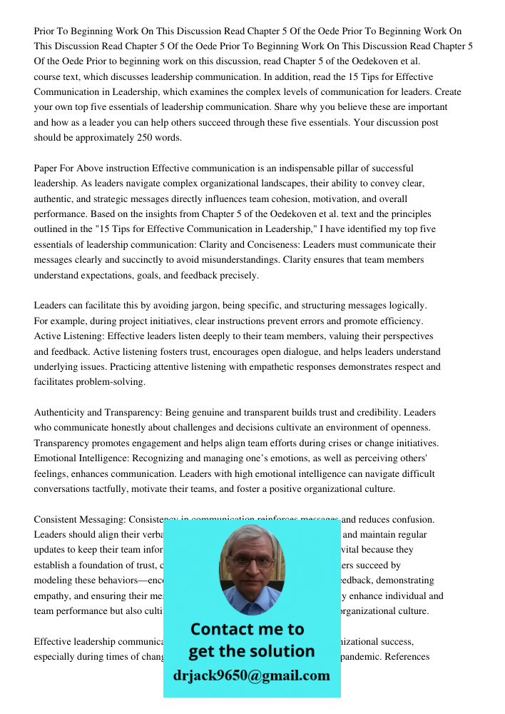 Prior To Beginning Work On This Discussion Read Chapter 5 Of the Oede Prior to beginning work on this discussion, read Chapter 5 of the Oedekoven et al. course 