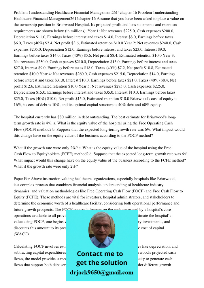 Assume that you have been asked to place a value on the ownership position in Briarwood Hospital. Its projected profit and loss statements and retention require