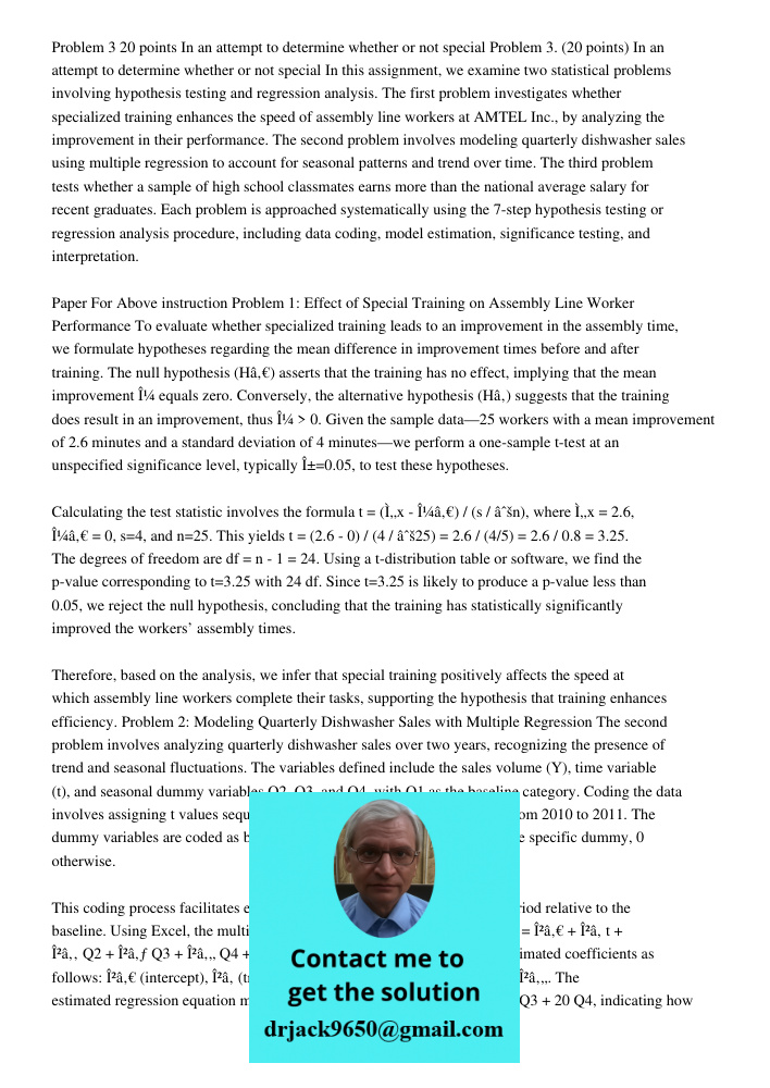 In this assignment, we examine two statistical problems involving hypothesis testing and regression analysis. The first problem investigates whether specialized