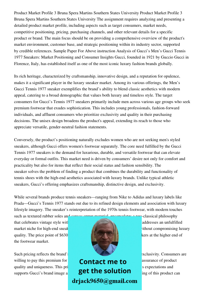 The assignment requires analyzing and presenting a detailed product market profile, including aspects such as target consumers, market needs, competitive positi