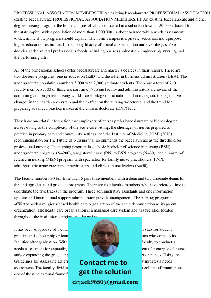 PROFESSIONAL ASSOCIATION MEMBERSHIP An existing baccalaureate and higher degree nursing program, the home campus of which is located in a suburban town of 20,00