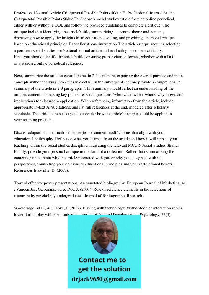 Choose a social studies article from an online periodical, either with or without a DOI, and follow the provided guidelines to complete a critique. The critique