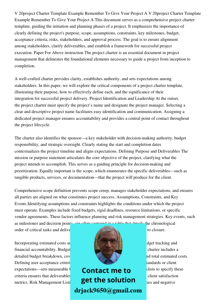 This document serves as a comprehensive project charter template, guiding the initiation and planning phases of a project. It emphasizes the importance of clear
