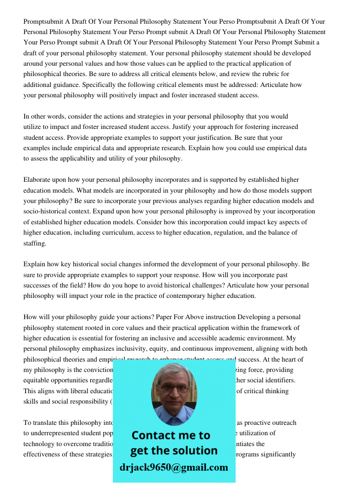 Prompt submit A Draft Of Your Personal Philosophy Statement Your Perso Prompt submit A Draft Of Your Personal Philosophy Statement Your Perso Prompt Submit a dr