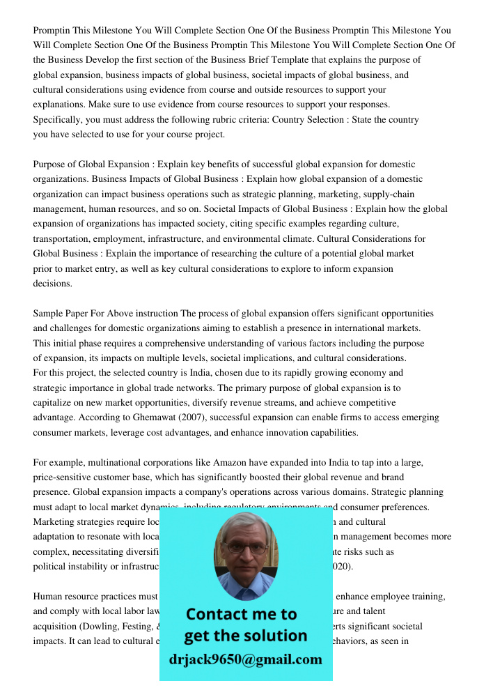 Promptin This Milestone You Will Complete Section One Of the Business Develop the first section of the Business Brief Template that explains the purpose of glob