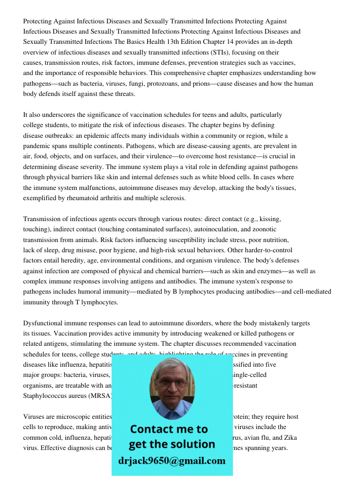 Protecting Against Infectious Diseases and Sexually Transmitted Infections The Basics Health 13th Edition Chapter 14 provides an in-depth overview of infectious
