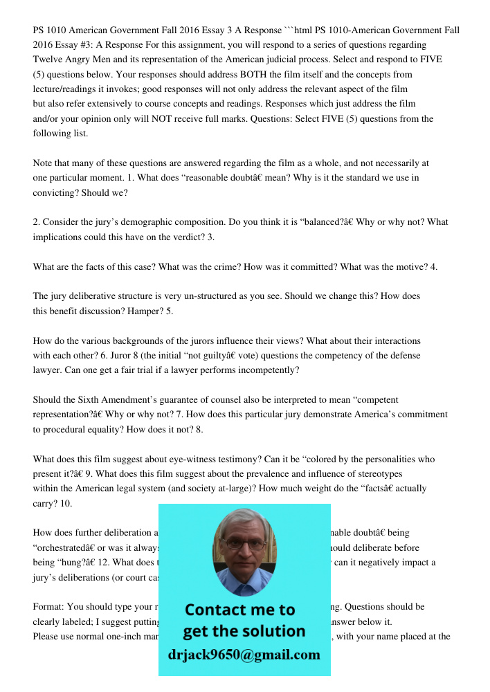 PS 1010 American Government Fall 2016 Essay 3: A Response