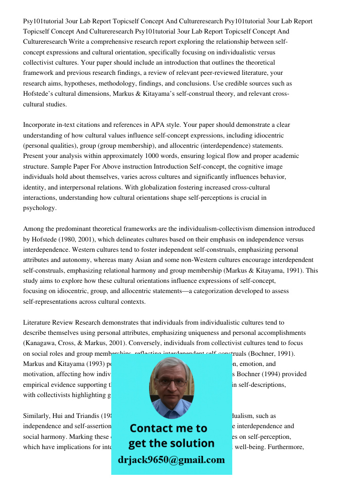 Psy101tutorial 3our Lab Report Topicself Concept And Cultureresearch Write a comprehensive research report exploring the relationship between self-concept expre