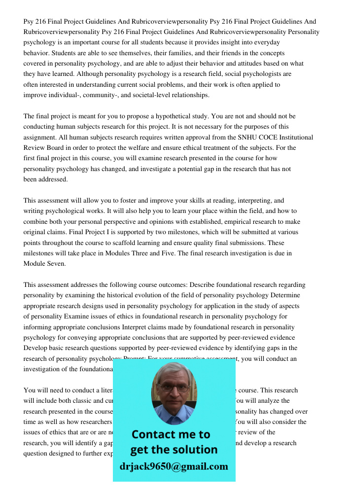 Psy 216 Final Project Guidelines And Rubricoverviewpersonality Personality psychology is an important course for all students because it provides insight into e