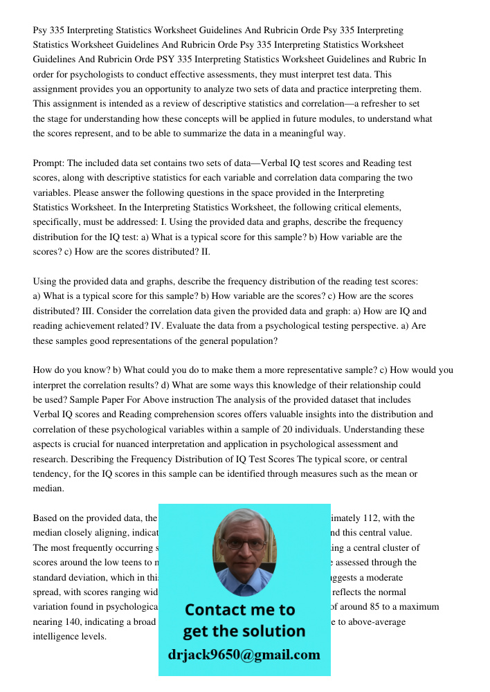 Psy 335 Interpreting Statistics Worksheet Guidelines And Rubricin Orde PSY 335 Interpreting Statistics Worksheet Guidelines and Rubric In order for psychologist