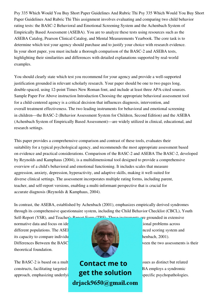 This assignment involves evaluating and comparing two child behavior rating tests: the BASC-2 Behavioral and Emotional Screening System and the Achenbach System