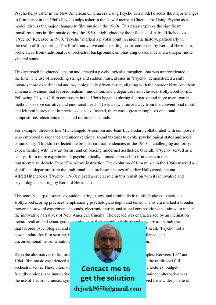 This essay explores the significant transformations in film music during the 1960s, highlighted by the influence of Alfred Hitchcock's "Psycho." Released in 196