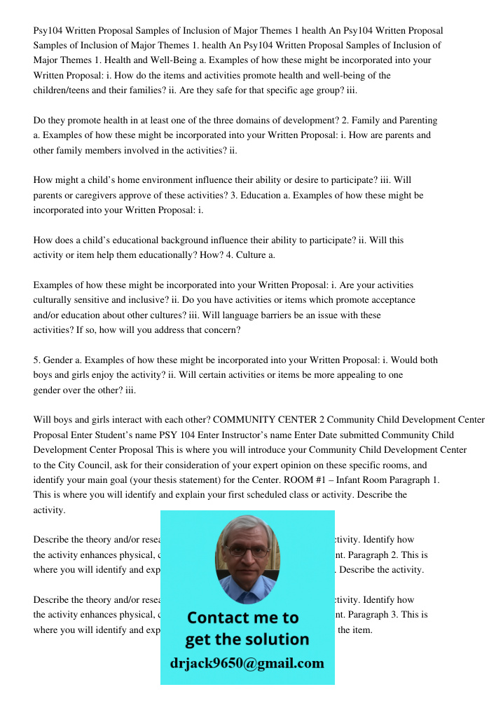 Psy104 Written Proposal Samples of Inclusion of Major Themes 1. Health and Well-Being a. Examples of how these might be incorporated into your Written Proposal: