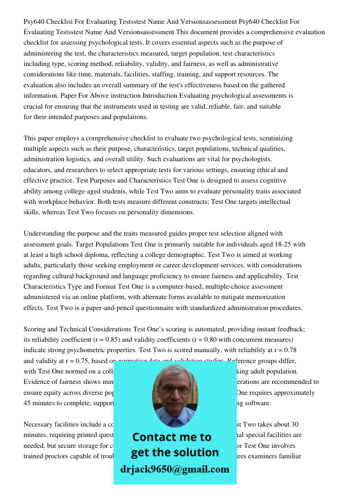 This document provides a comprehensive evaluation checklist for assessing psychological tests. It covers essential aspects such as the purpose of administering 