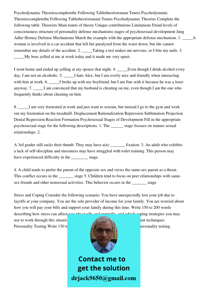 Psychodynamic Theories Complete the following table. Theorists Main tenets of theory Unique contributions Limitations Freud levels of consciousness structure of